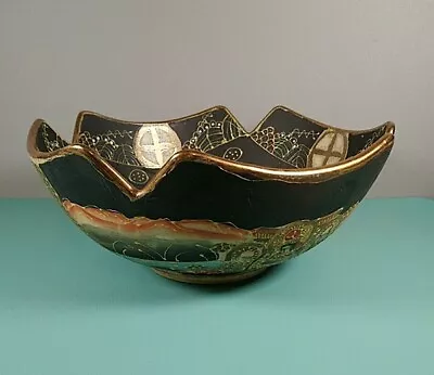 Buy Antique Japanese Satsuma Bowl Black Gold Handpainted 20cm Wide Japan • 66.60£