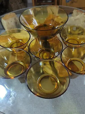 Buy Amber Glass Serving Bowl & Dessert Bowls X 6 Vintage Made In England Plain 5.5  • 25£