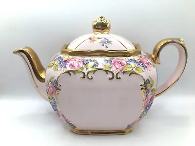 Buy Rare & Opulent, Heavily Gilded Sadler Large Cube Pink Roses Floral Teapot • 49.95£