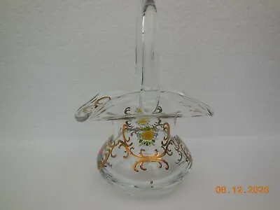 Buy Boro Crystal ~ Bohemian Czech Clear Art Glass Basket  Gold Gilt & Yellow Flowers • 15£