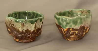 Buy Two Handmade Pottery Ceremonial Tea Cups Yunomi Kurinuki Green White 2.5 H 3”W • 16.87£
