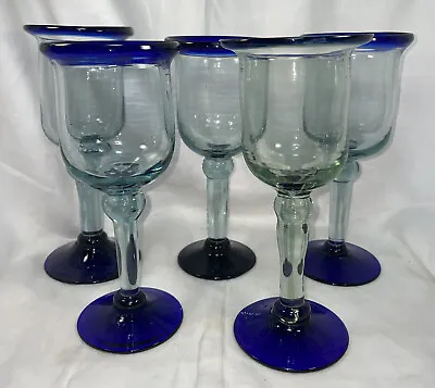 Buy Mexican Hand Blown Glassware Cobalt Blue Rim Water Wine Glass Goblets (5) Pontil • 56.95£