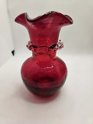 Buy Ruby Red Crackle Blown Glass Vase Applied Clear Rigaree Scroll Kanawha? • 17.05£