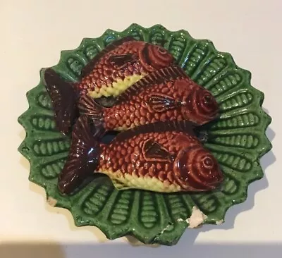 Buy Antique Majolica Style Fish Plate Vintage Pottery Relief Poisson 5” Wall Plaque • 19.99£