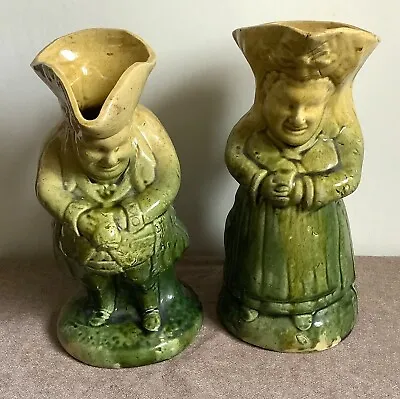 Buy Pair Of Victorian Green Yellow Majolica Toby Jugs, Male And Female • 45£