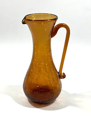 Buy Vintage Art Glass Hand Blown Amber Crackle Glass 5in Pitcher Jug 7  • 17.21£