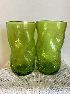 Buy Vintage Blenko Dimpled Crackle Hand Blown Glasses 2 Green Glass 10” Tumblers EUC • 61.42£