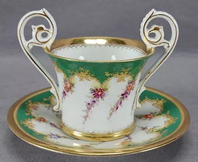 Buy T&V Limoges Hand Painted Floral Green & Raised Gold Chocolate Cup & Saucer A • 144.57£