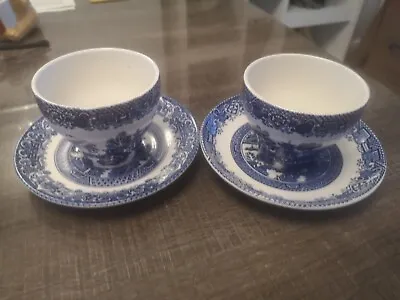 Buy 2X English Ironstone Tableware Ltd. Old Willow Blue & White Dinner Plate Cup SET • 9.99£