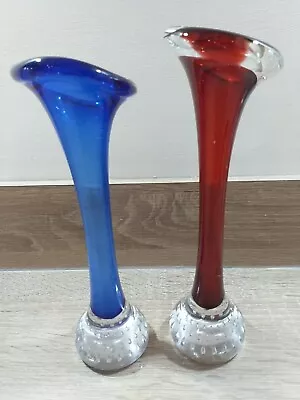 Buy Pair Of 2 Swedish Art Glass Stretch Stem Vase With Clear Bulbous Base Red Blue • 20£
