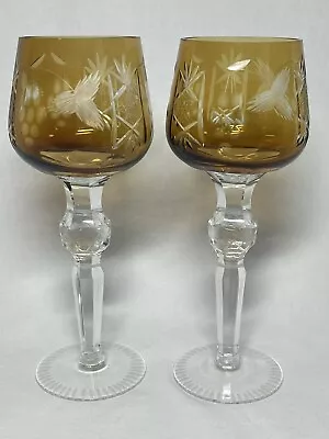 Buy VTG. Pair Bohemian Czech Yellow Amber Cut To Clear Crystal Wine Glasses Goblets • 56.69£