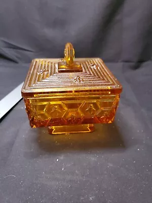 Buy 1970 ‘s Fenton Amber Honeycomb & Bee Square Footed Candy Dish W/Lid • 99.46£