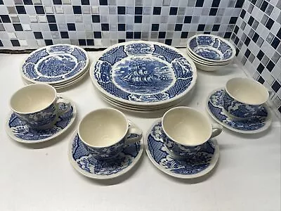Buy NEW! 20pc Set Fair Winds Historical Staffordshire Ship Alfred Meakin Blue In Box • 94.86£