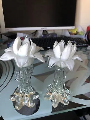 Buy Baccarat Style Glass Decor Set Of 2 -white Petal Top -  7.5 T X 3.5 Inch • 9.75£