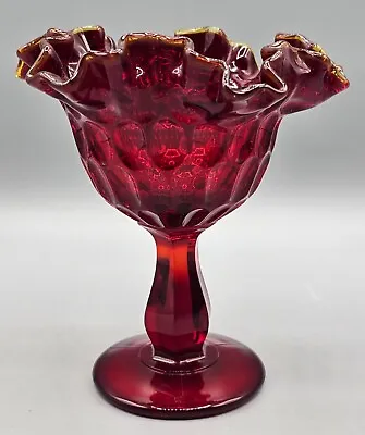 Buy VINTAGE 6  Fenton Cadmium Ruby Red Thumbprint Ruffled Edge Glass Compote - GLOWS • 28.45£