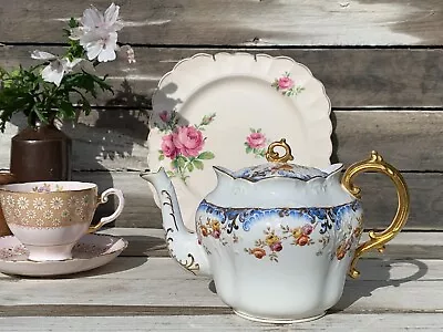 Buy Antique Aynsley Bone China Teapot Rare Pattern Blue & Pink Floral • 50£