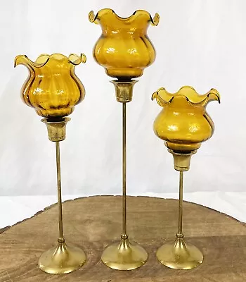 Buy Vintage Brass Graduated Tulip Candle Holders W/ Amber Glass Fluted Votive Cups • 28.45£