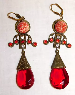 Buy Vintage 1930's Red Czech Glass Drops & Metal Earrings Pierced • 28.45£