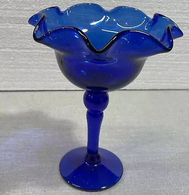 Buy Vintage Cobalt Blue Glass Compote Scalloped 8 1/2  Tall • 28.30£