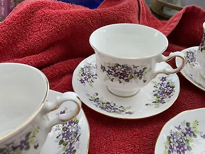 Buy QUEEN ANNE Fine Bone China Short Footed Teacups & Saucers Violet Flowers • 9.99£