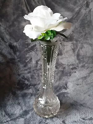 Buy Vintage Cut Glass Vase Tall Narrow Neck Heavyweight Diamond Cross Hatch Pattern • 8.50£