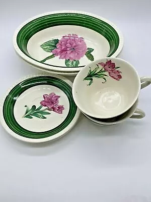 Buy Rare Green & Pink Floral Ridgway China Set  - 2 Bowls, 2 Teacups, 2 Saucers • 22.49£