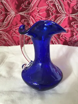 Buy Vintage Hand Blown Cobalt Blue Crackle Glass Ruffle Top Vase Collectable • 18.50£
