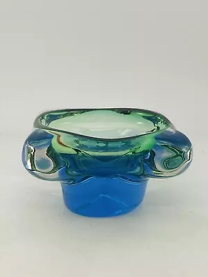 Buy Vintage Czech Bohemian Josef Hospodka Chribska Heavy Art Glass Bowl Green Blue • 22£