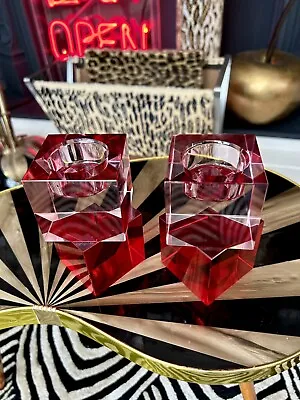 Buy Mid Century Style Ice Cube Stacked Red Pink Glass Candlesticks Tea Lights   • 30£