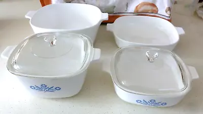 Buy 4 X VINTAGE PYROSIL PYREX CORNING WARE BLUE CORNFLOWER DISHES TWO GLASS LIDS • 19.99£