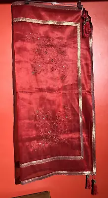 Buy Vintage Walton & Co Embroidered Sheer Table Cloth Red With Gold Trim & Jewels • 24.99£