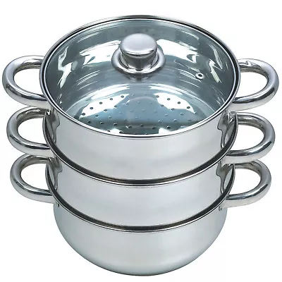 Buy 27cm 4pc Steamer Cooker Pot Set Pan Cook Food Glass Lids 3 Tier Stainless Steel • 12.95£