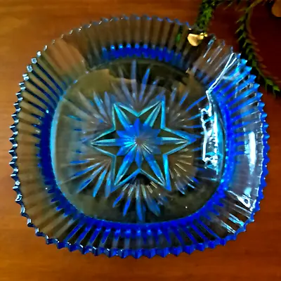 Buy Square Art Deco Sowerby Stunning Blue Star Design Pressed Glass Dish/ Candy Bowl • 8.50£