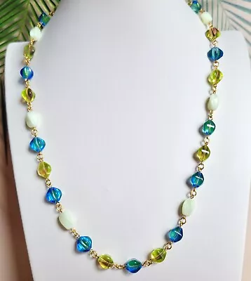 Buy Uranium Vaseline Necklace Blue/White/Green Czech Glass Beads Women`s Jewelry • 43.40£
