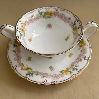 Buy Antique Cauldon Teacup And Saucer Double Handle Pink Yellow Floral Pattern K8615 • 33.07£