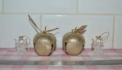 Buy Christmas Tree Decorations 2 Glass Mini Angels 2 Large Gold Apple Bells • 12.49£