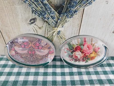 Buy 2 Pretty Vintage Oval Glass Paperweights ~ Strawberry Thief & Floral • 12.99£