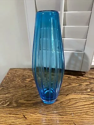 Buy Vintage Celestial Blue Hand Blown Glass Vase With Etched Linier Lines • 71.93£