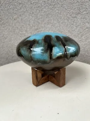 Buy Vtg Studio Pottery Art Weed Pot Ash Blue Glaze With Wood Stand Signed • 57.78£