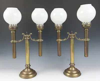 Buy Pair Antique Brass & Glass Globe Candle Lamp Candelabra Argand Style Vintage • 247.54£