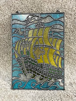 Buy Vintage Stained Glass Art Work Sailing Ship Galleon Design Wall Hanging • 32.99£