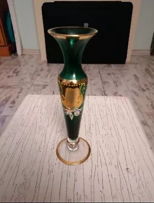 Buy Beautiful Vintage Czech Bohemian Green Glass Vase. Gold Floral Hand Painted • 10£