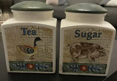 Buy T.G.Green Pottery Cloverleaf Tea And Sugar Pig And Duck Farm Themed Kitchen Jars • 6£