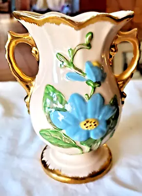 Buy Vtg Hull Art Pottery Double Handle Blue Flowers Vase Heavy Gold Trim H5 6 1/2  • 37.56£