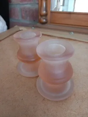Buy Pretty Pair Of Vintage Peachy Pink Glass Candle Holders • 1.50£