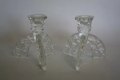 Buy PAIR Of Unusual Geometric Design ART DECO ? Pressed Glass Tripod Candle Holders • 18.95£