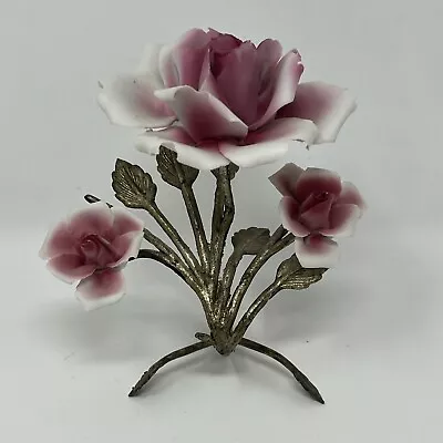 Buy Vintage Capodimonte Pink Roses Flower Figurine On Brass Stem Leaves Made Italy • 18.94£
