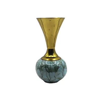 Buy Mid Century Modern Delft Holland Hand Painted Turquoise And Brass Trumpet Vase • 45.52£