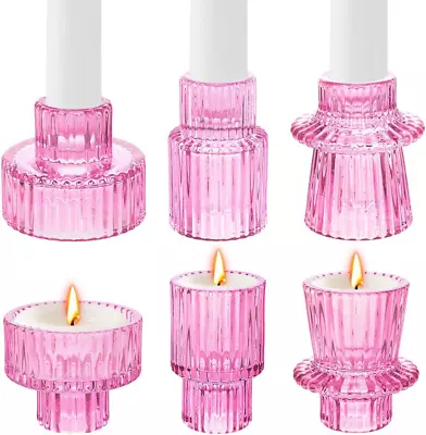 Buy Mineup 2 In 1 Glass Candle Holder Set Of 6 Clear Pink Vintage Candlesticks For • 12.47£