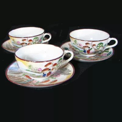 Buy Nippon Ware Japan Eggshell Porcelain 3 Cups Saucers Landscape Geisha Women Mint • 33£